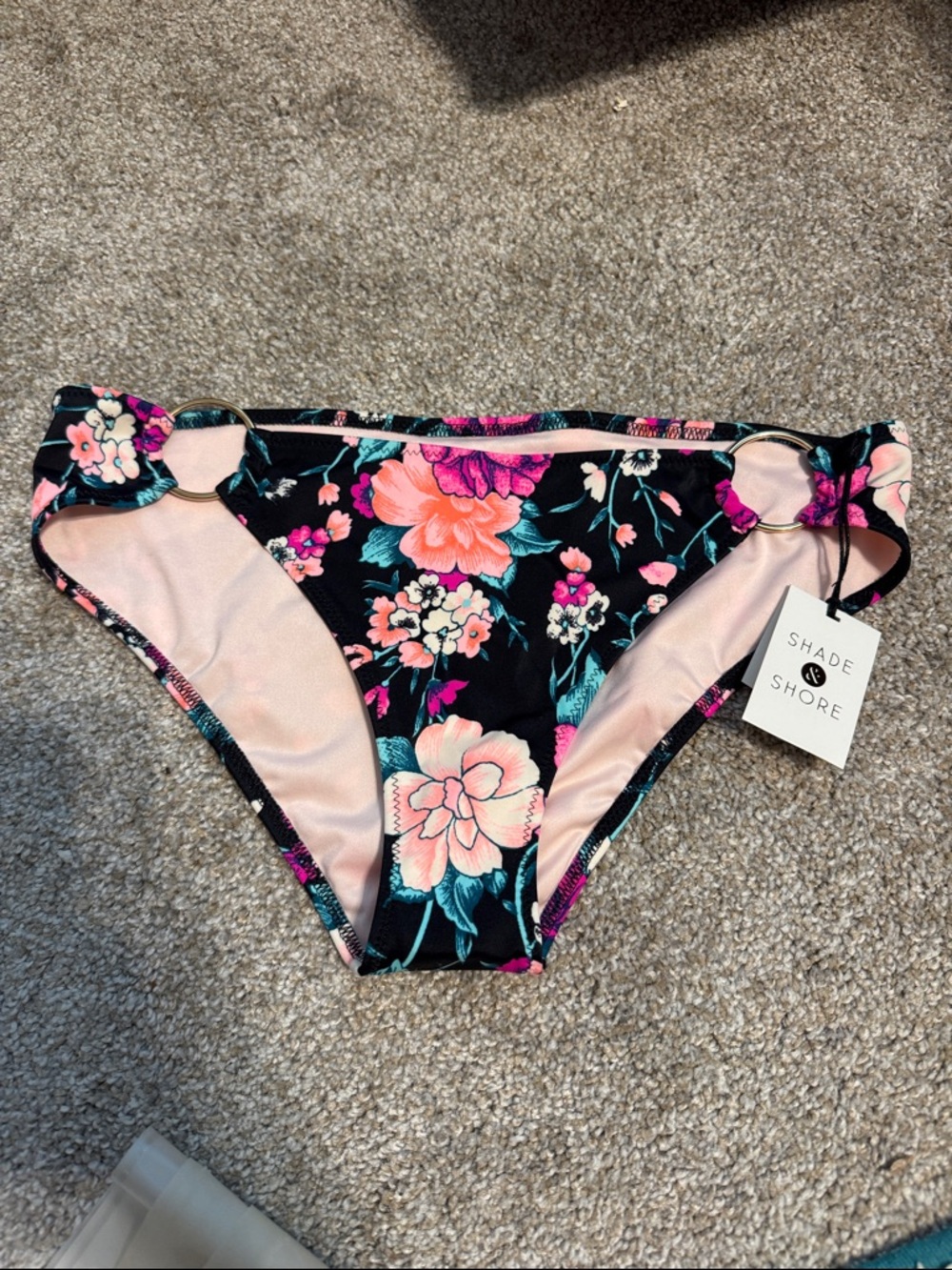 Shade & Shore Black Floral Bikini Bottom with Pink Accents